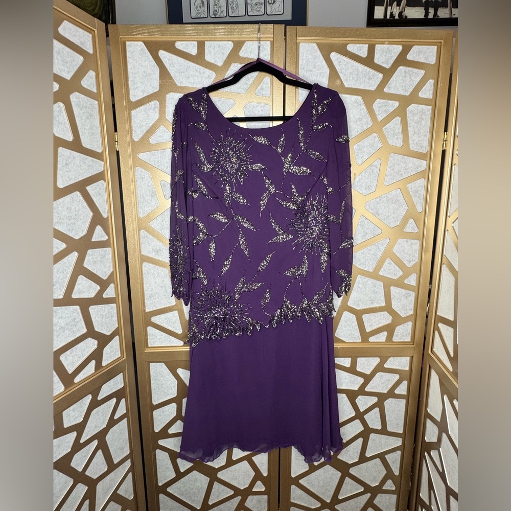 J Kara floral beaded chiffon formal dress with 3/4 length sleeves